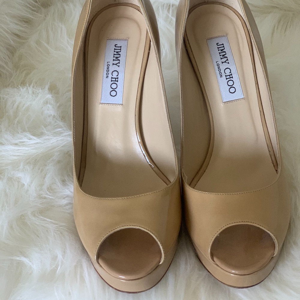 Jimmy Choo Crown Nude Patent Leather Peep Toe Pump
